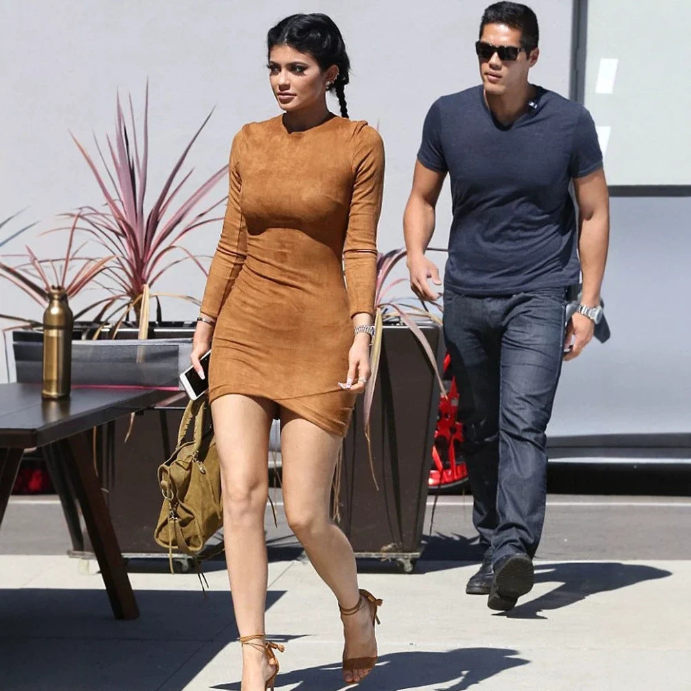 Suede-look Crew-neck Long-sleeve Sexy Slim-fit Sheath Mini Dress