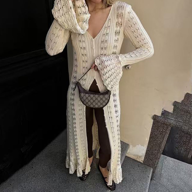 Women's Solid-Color Long Knitted Cardigan Outerwear