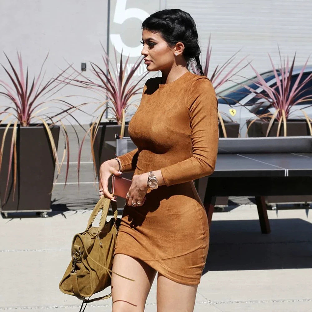 Suede-look Crew-neck Long-sleeve Sexy Slim-fit Sheath Mini Dress