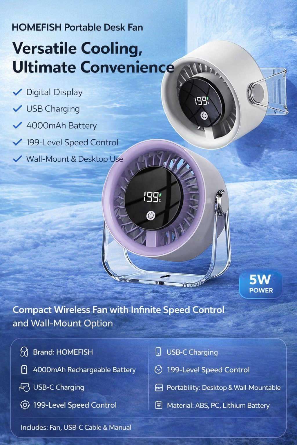 HOMEFISH Portable Desktop Small Fan Digital Display USB Charging Wall-Mounted Office Desk Fan Wireless Air Circulator