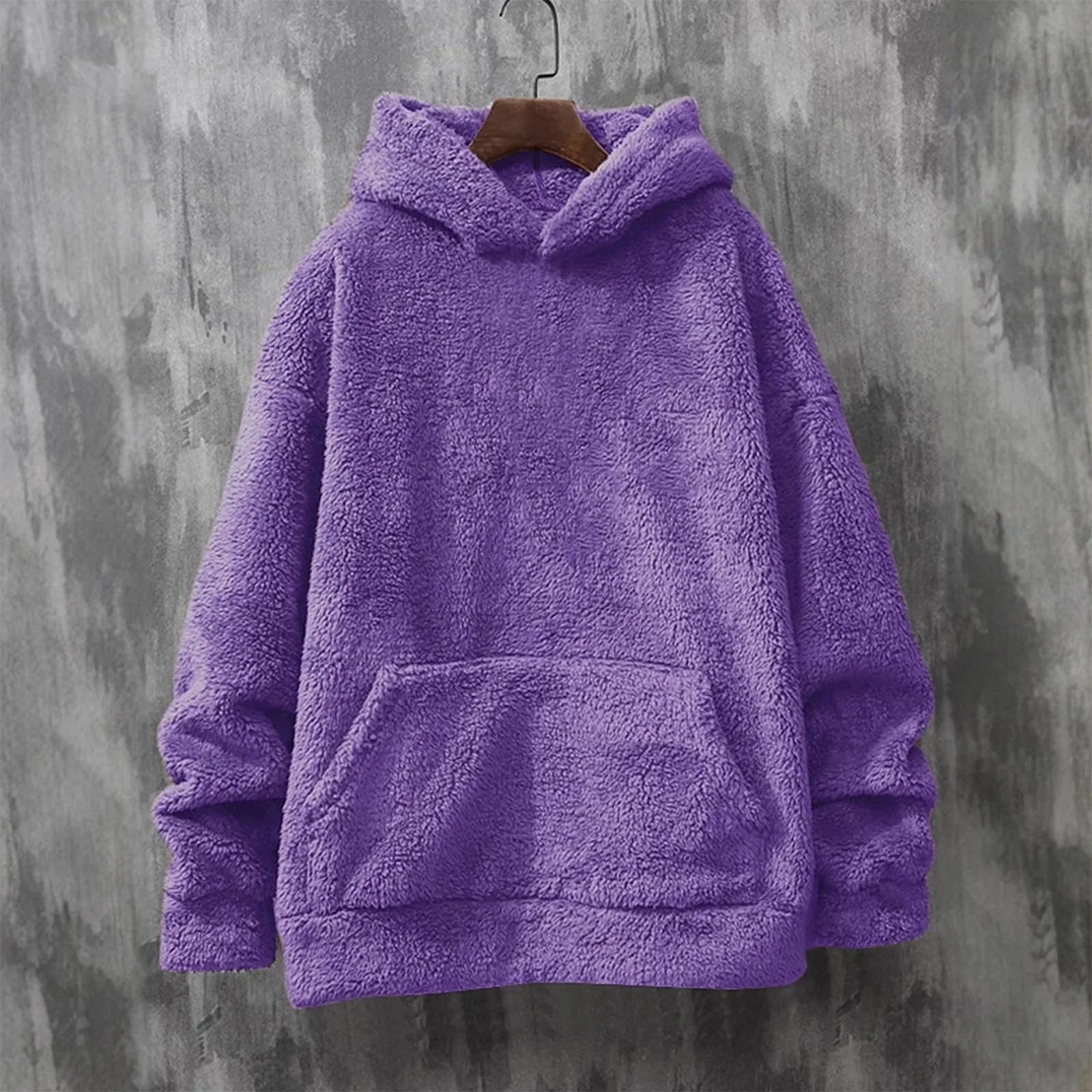 Men'S Round Neck Long Sleeved Coral Fleece Hooded Sweatshirt Winter Warm Thickened Solid Color Long Sleeved Oversized Hoodies
