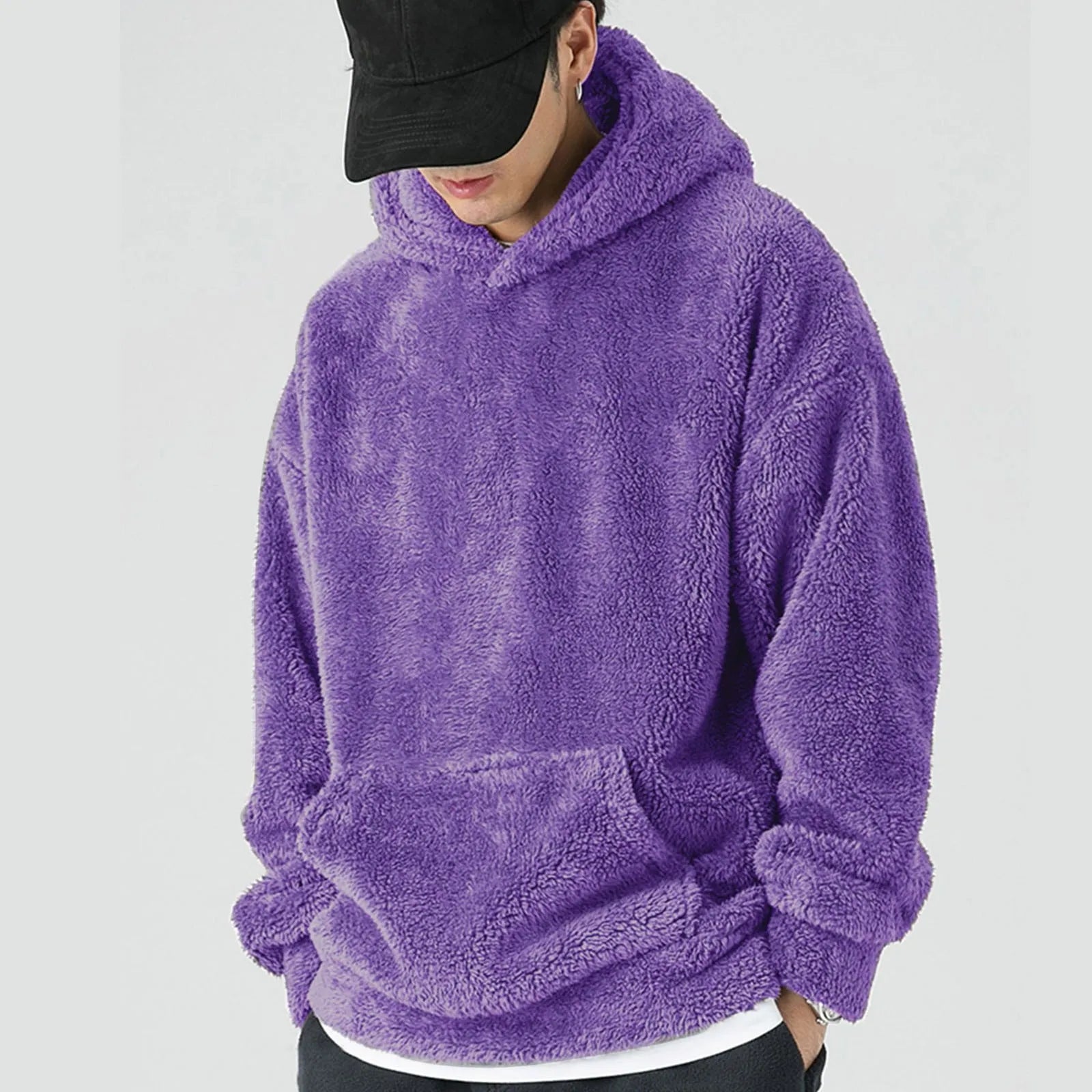 Men'S Round Neck Long Sleeved Coral Fleece Hooded Sweatshirt Winter Warm Thickened Solid Color Long Sleeved Oversized Hoodies