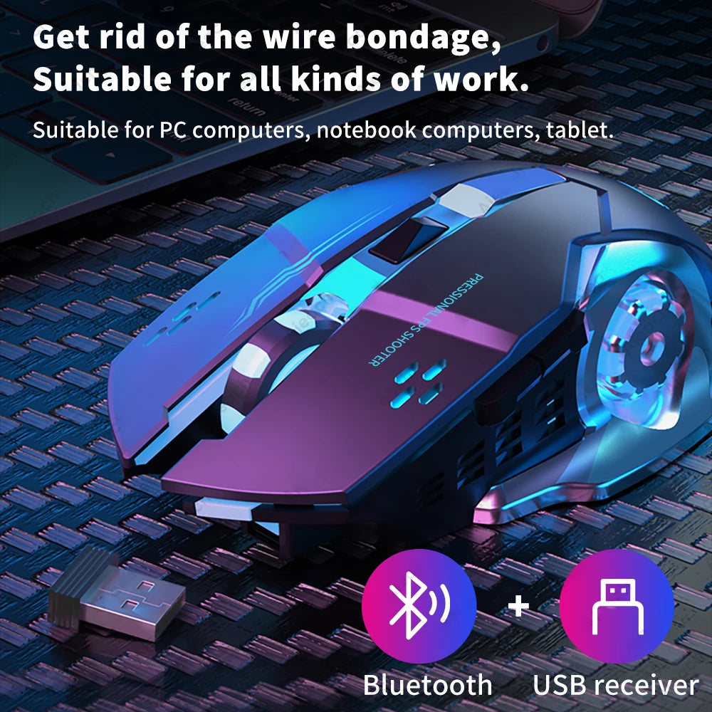 Rechargeable Wireless Gaming Mouse — Silent Click, Bluetooth/USB, RGB Backlight, E‑Sports Precision