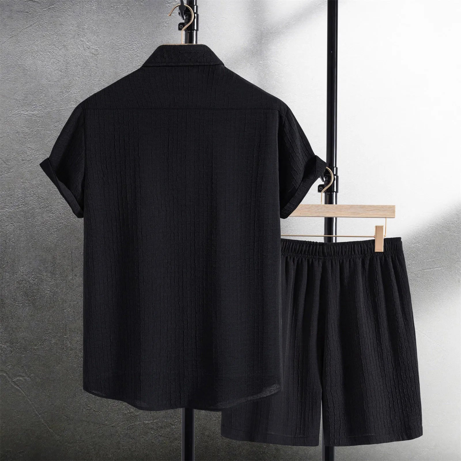 Mens Casual Waffle Shirt Suit Two Piece Solid Short Sleeved Shirt And Shorts Suit Harajuku Casual T-Shirt And Shorts Set
