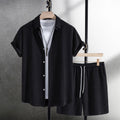 Mens Casual Waffle Shirt Suit Two Piece Solid Short Sleeved Shirt And Shorts Suit Harajuku Casual T-Shirt And Shorts Set