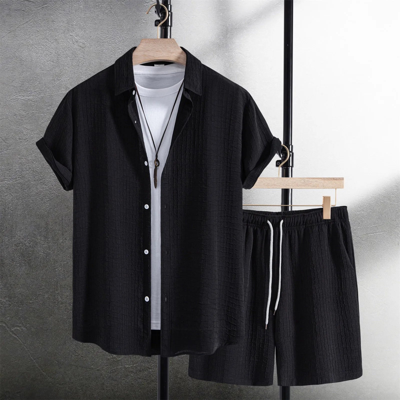 Mens Casual Waffle Shirt Suit Two Piece Solid Short Sleeved Shirt And Shorts Suit Harajuku Casual T-Shirt And Shorts Set