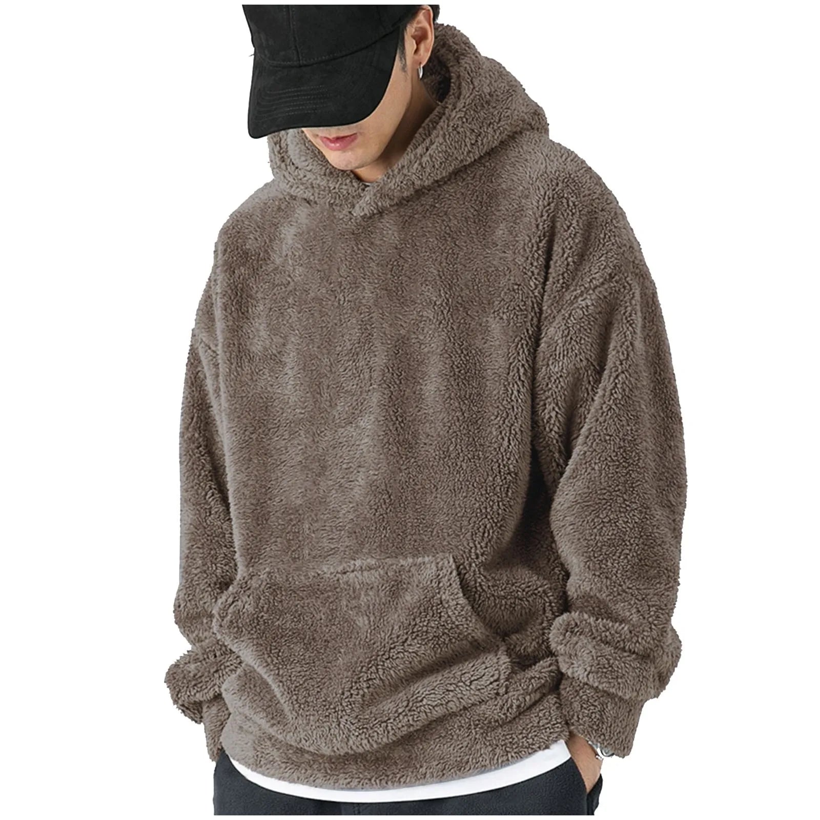 Men'S Round Neck Long Sleeved Coral Fleece Hooded Sweatshirt Winter Warm Thickened Solid Color Long Sleeved Oversized Hoodies