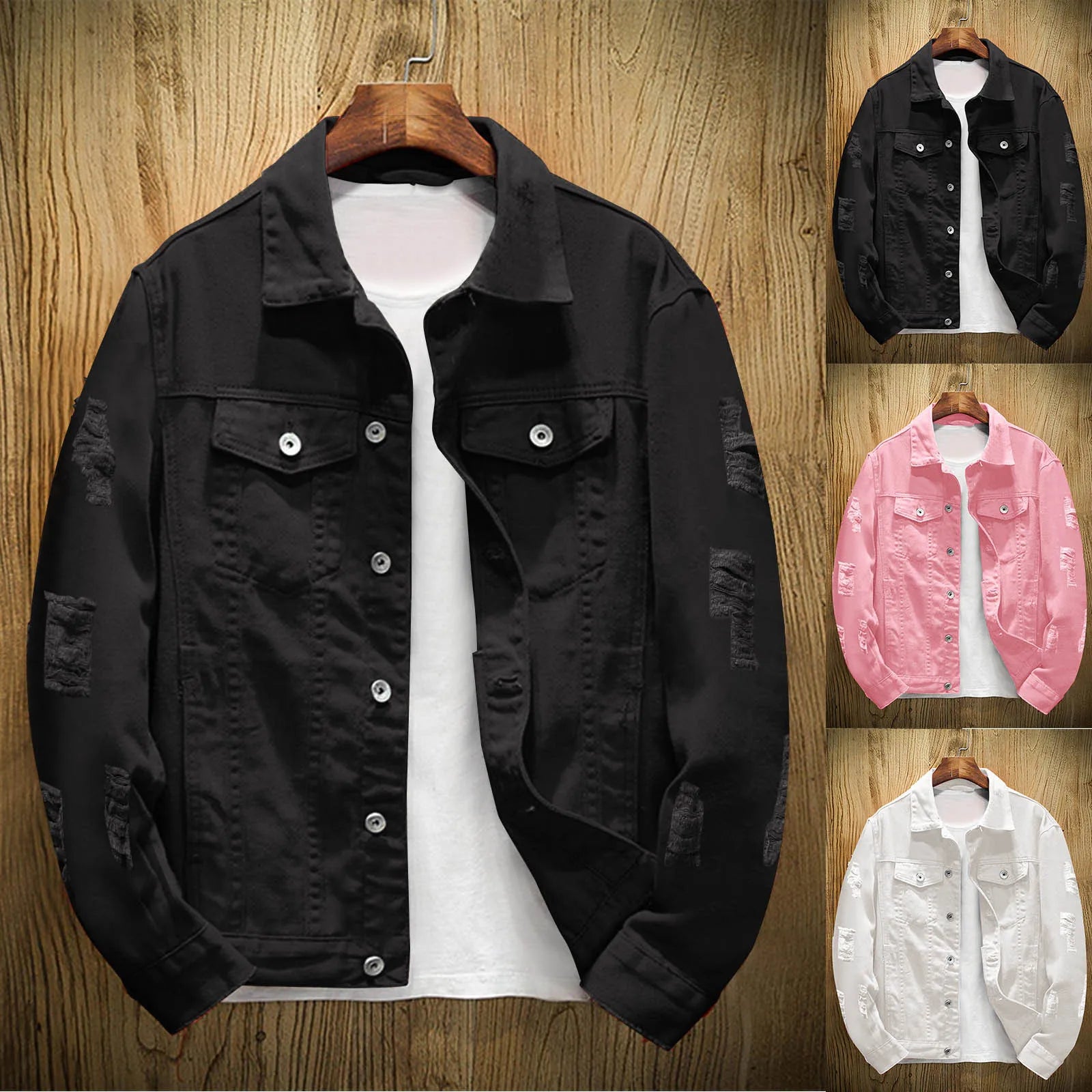 Mens Casual Denim Jacket Spring Autumn Vintage Solid Color Lapel Denim Coat Tops Streetwear Hole Denim Outerwears Coats For Men
