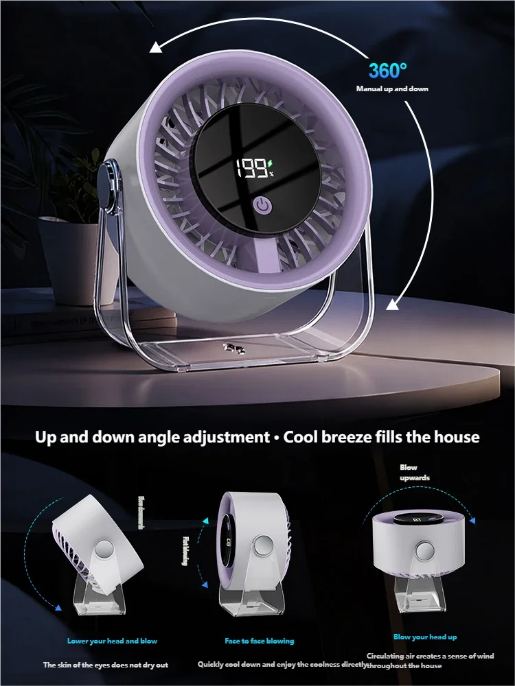 HOMEFISH Portable Desktop Small Fan Digital Display USB Charging Wall-Mounted Office Desk Fan Wireless Air Circulator