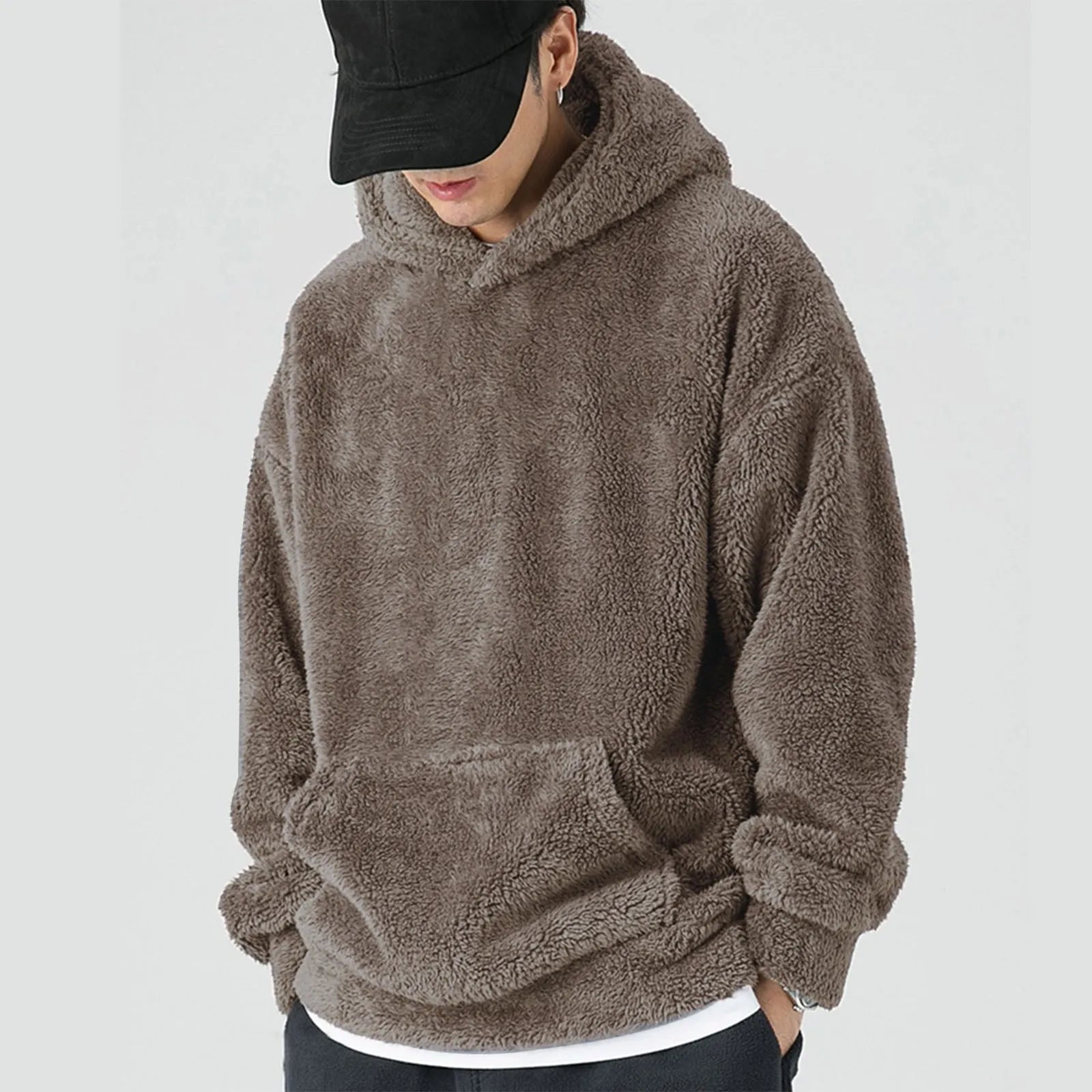 Men'S Round Neck Long Sleeved Coral Fleece Hooded Sweatshirt Winter Warm Thickened Solid Color Long Sleeved Oversized Hoodies