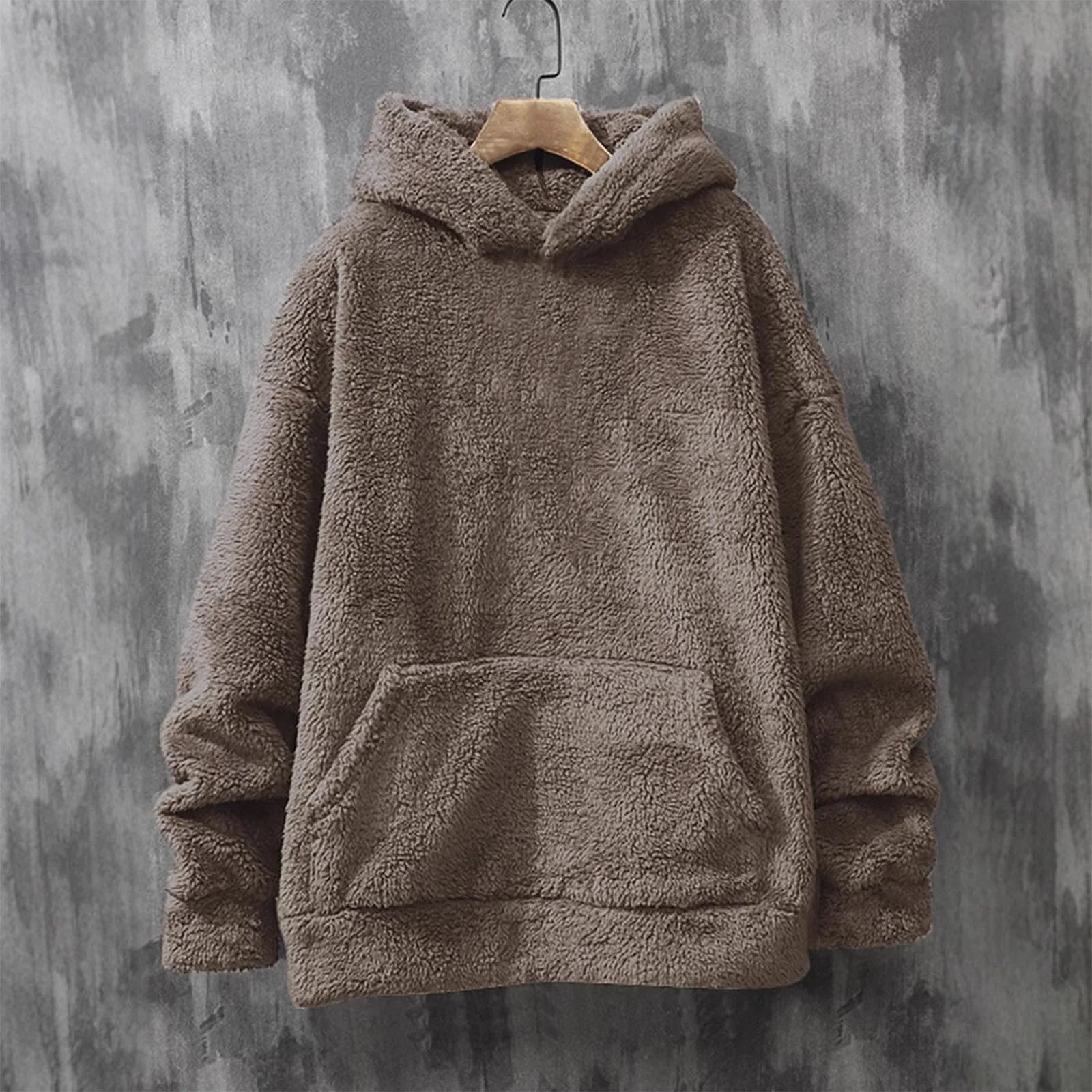 Men'S Round Neck Long Sleeved Coral Fleece Hooded Sweatshirt Winter Warm Thickened Solid Color Long Sleeved Oversized Hoodies