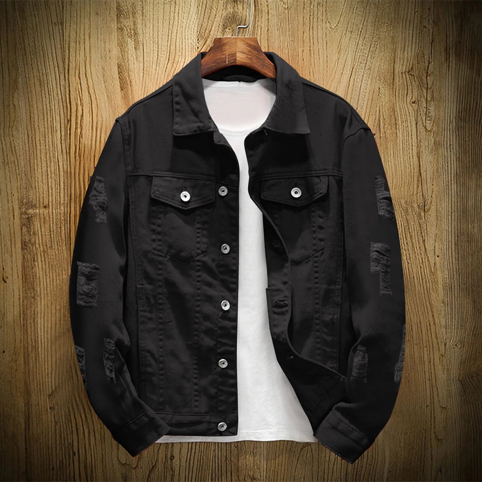 Mens Casual Denim Jacket Spring Autumn Vintage Solid Color Lapel Denim Coat Tops Streetwear Hole Denim Outerwears Coats For Men