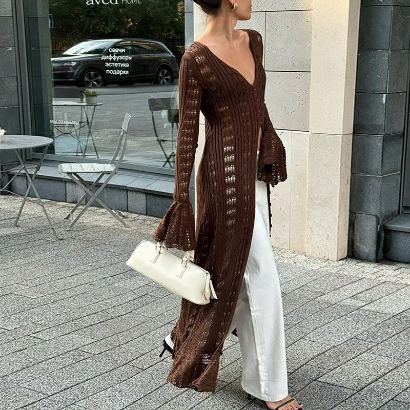 Women's Solid-Color Long Knitted Cardigan Outerwear