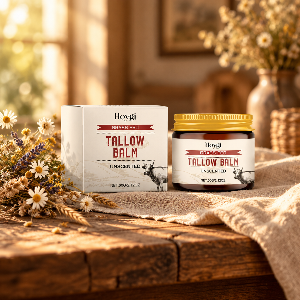 Hoygi Tallow Balm on a rustic wooden table with dried wildflowers