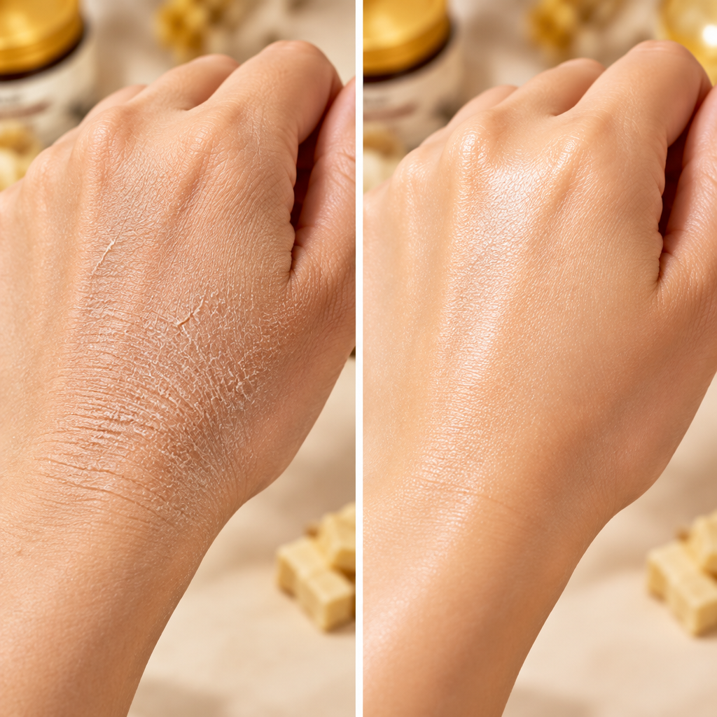 Before and after using Hoygi Tallow Balm on dry skin