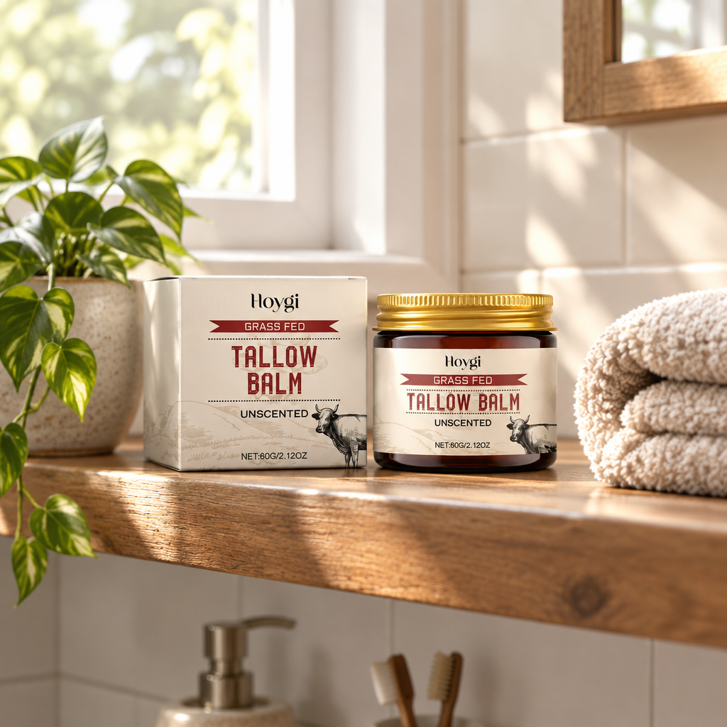 Hoygi Tallow Balm in a bathroom setting