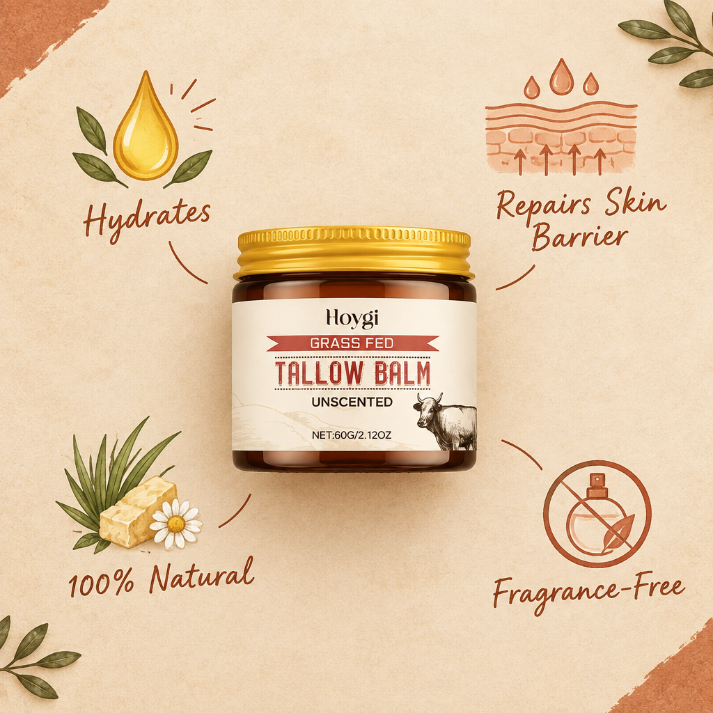 Hoygi Tallow Balm benefits: hydrates, repairs skin barrier, 100% natural, fragrance-free